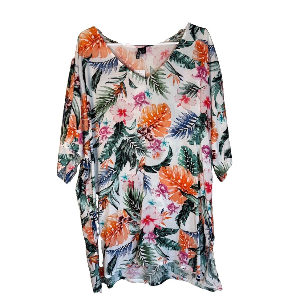 NWT Jantzen Womens Large Tropical Floral Tunic Blouse 3/4 Sleeve V Neck